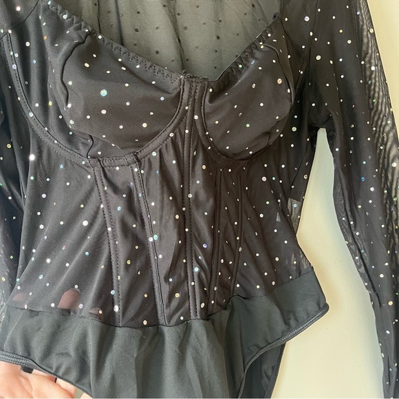 Shein Curve Black Rhinestone Mesh Long Sleeve Bodysuit Plus Size 1XL Holiday - Picture 5 of 12